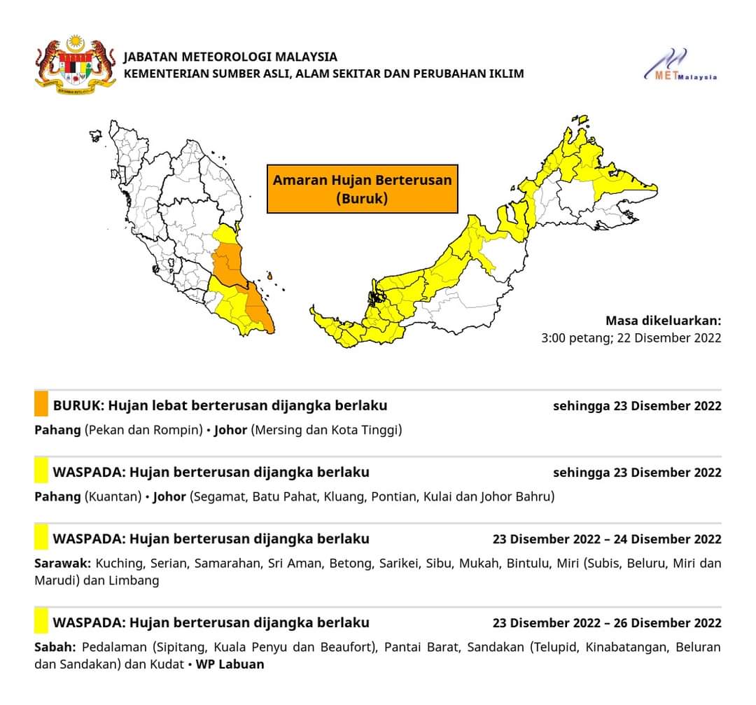 Amaran hujan berterusan peringkat waspada di Sabah hingga 26 Disember – MetMalaysia