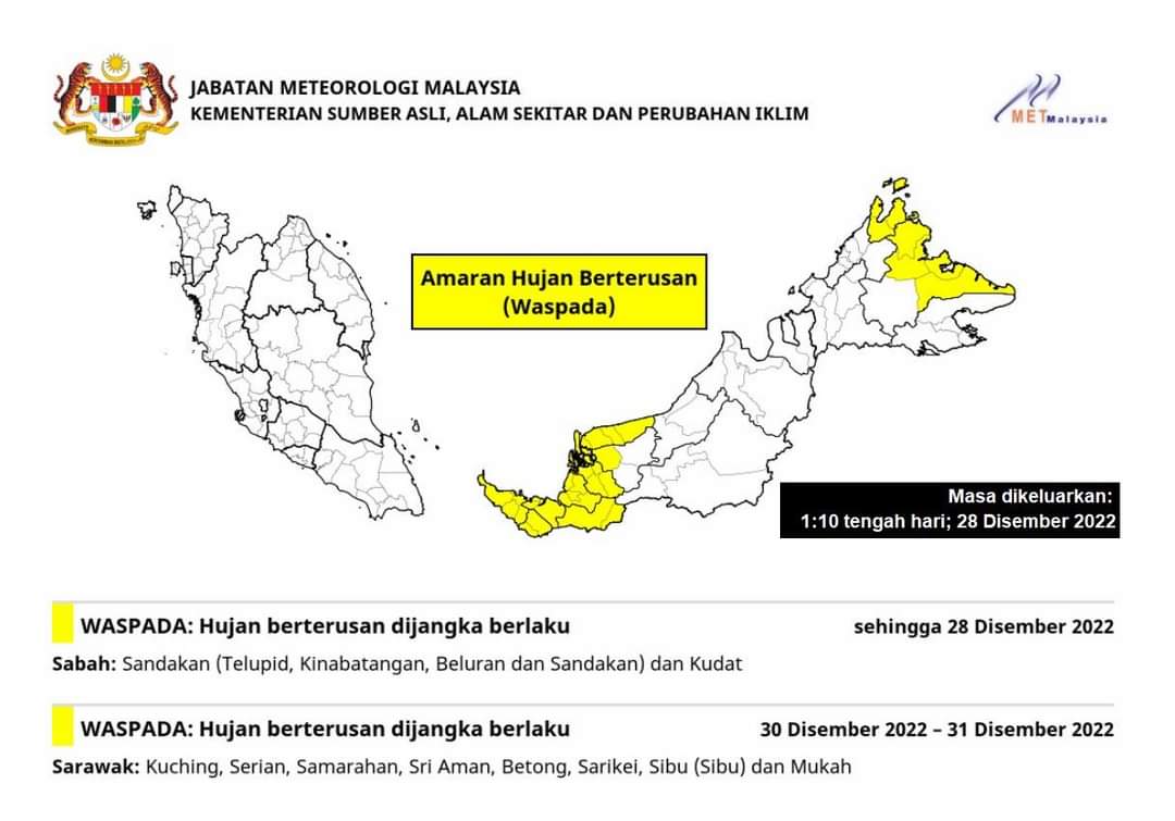 Amaran hujan berterusan peringkat waspada di Pantai Timur, Barat Sabah