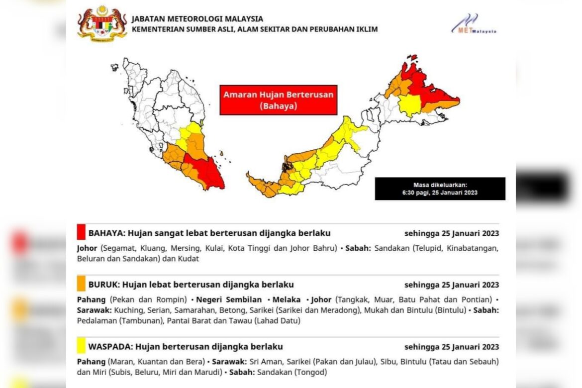Amaran hujan berterusan peringkat bahaya, buruk dan waspada di Sabah