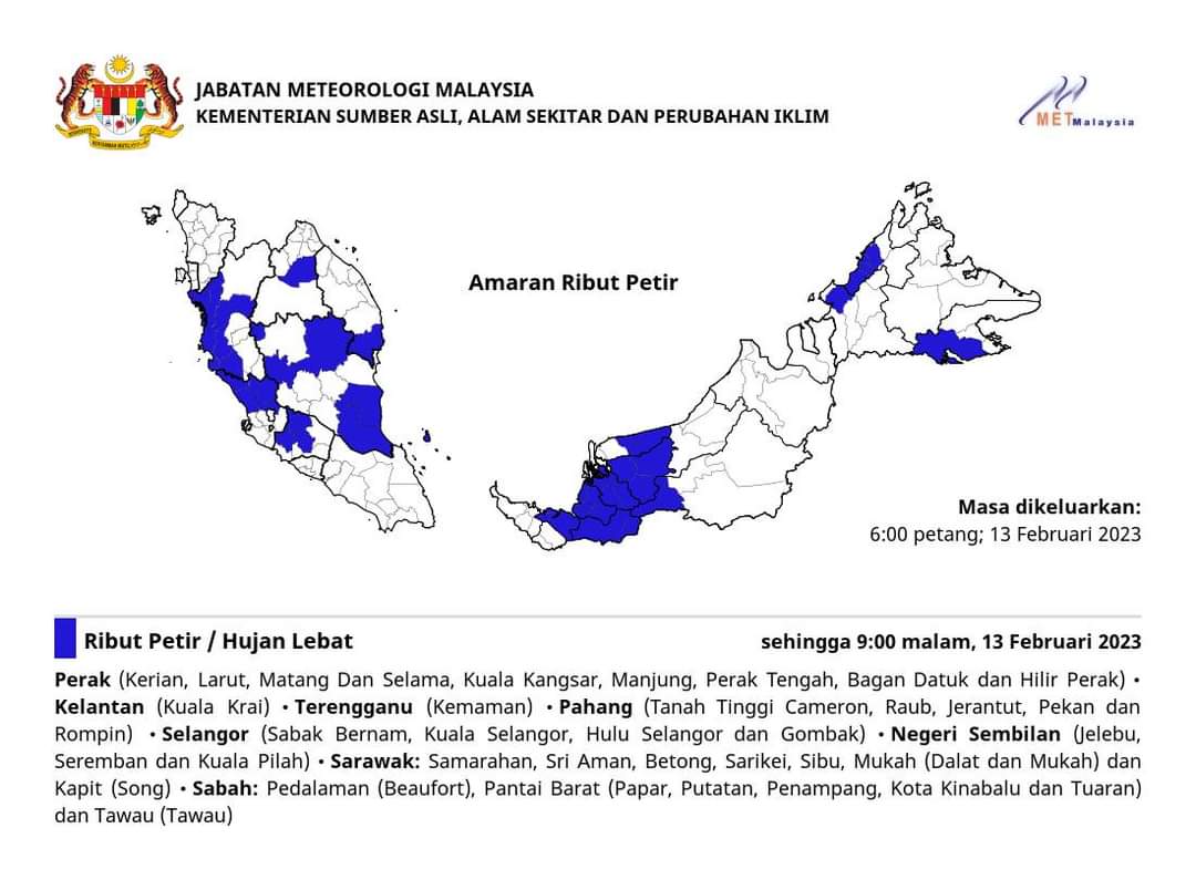 Amaran ribut petir, hujan lebat dikeluarkan bagi beberapa bahagian di Sabah – MetMalaysia